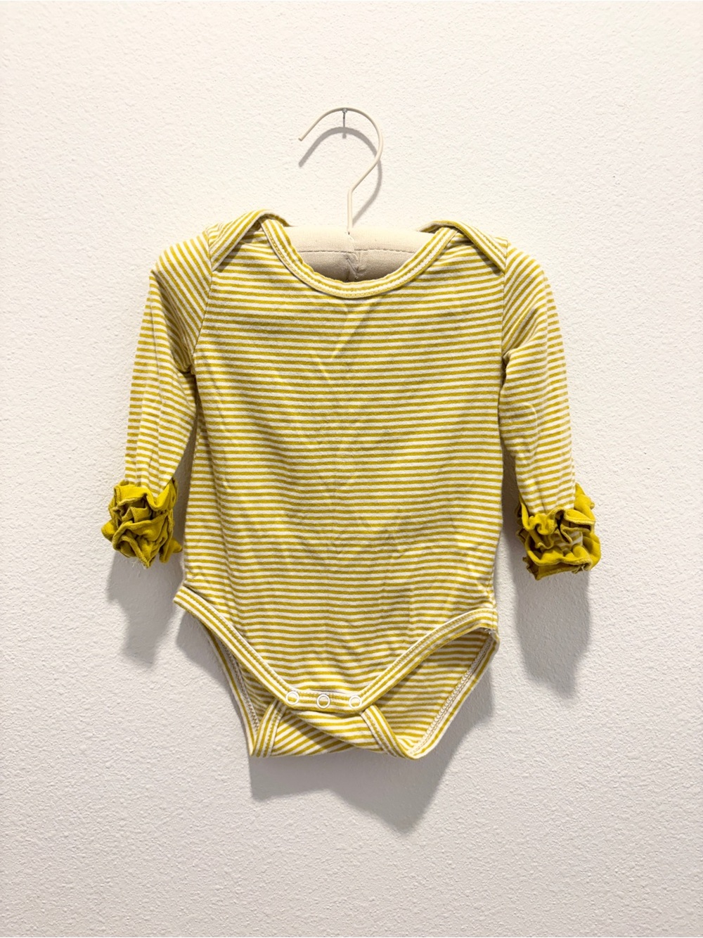 Marie Nicole Clothing Yellow Striped Ruffle Cuff Baby Bodysuit